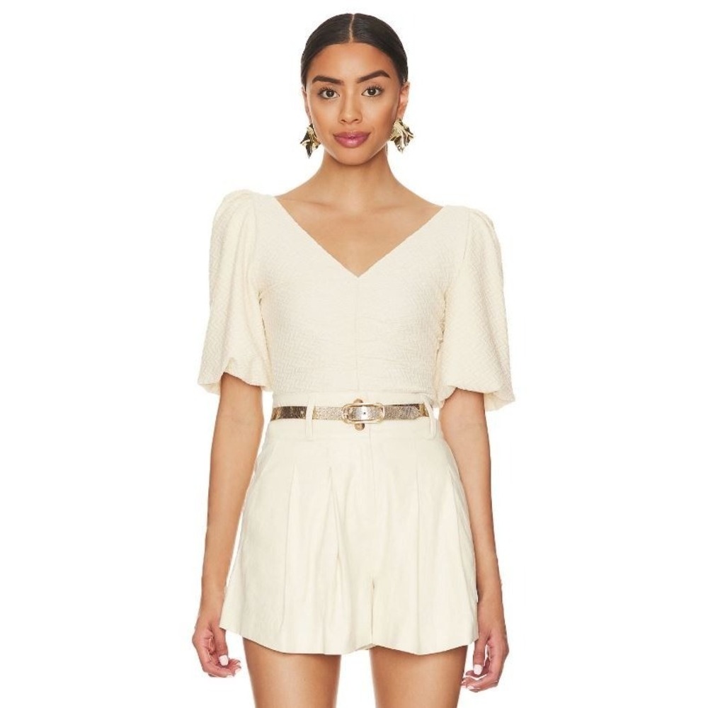 Free People Women's V-Neck Cupcake Ruched Textured Puff Sleeve Top in Ivory XL
